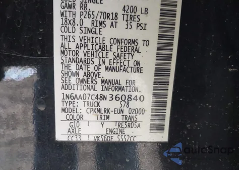 2008 Nissan Titan Le/Se z USA, uszkodzony, nr VIN 1N6AA07C48N360840